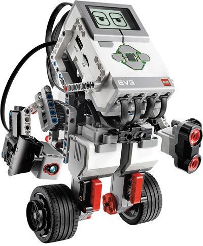 A LEGO MINDSTORMS EV3 driving base with the brick, motors and sensors